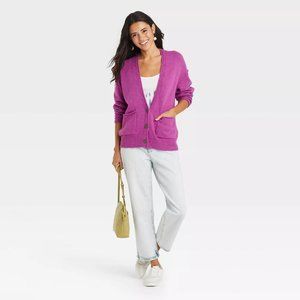 Women's Button-Front Grandpa Cardigan - Universal Thread™ Fuchsia Size S